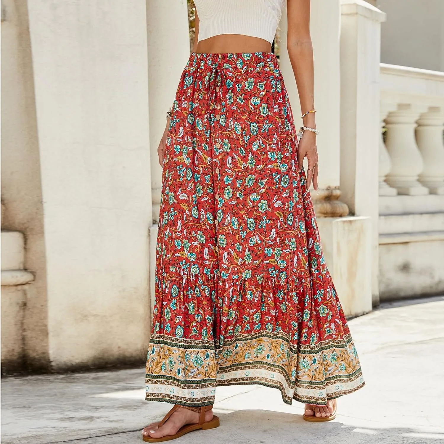 Maxi Skirts for Women,Elastic Waist Holiday Long Boho Skirt Spring Summer Beach Vacation Flowy Skirts 2025 Trendy