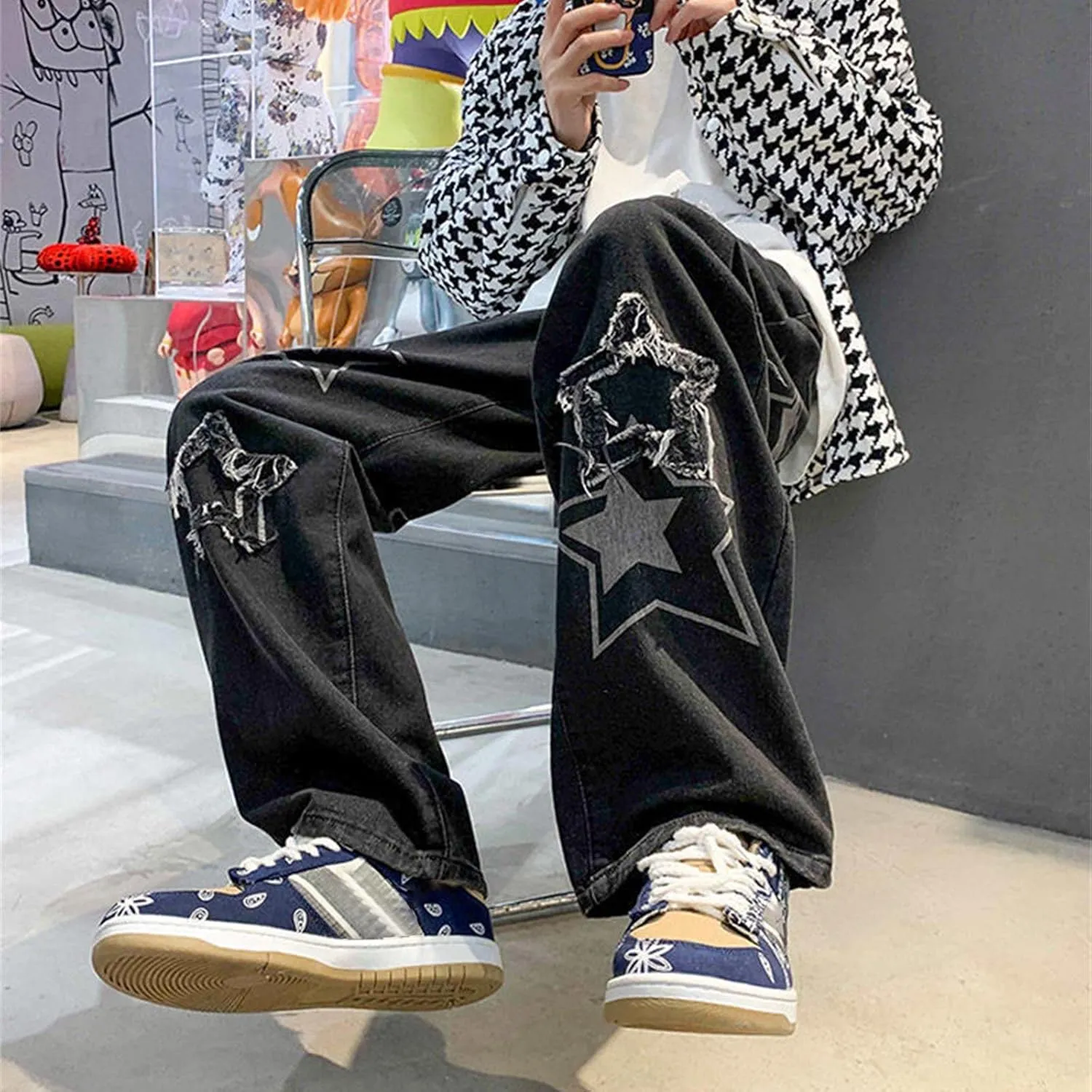 Men's Fashion Brand High Street Sharpened Jeans Wide Leg Trousers Pants Relaxed Fit Jeans Men Stretch Jeans for