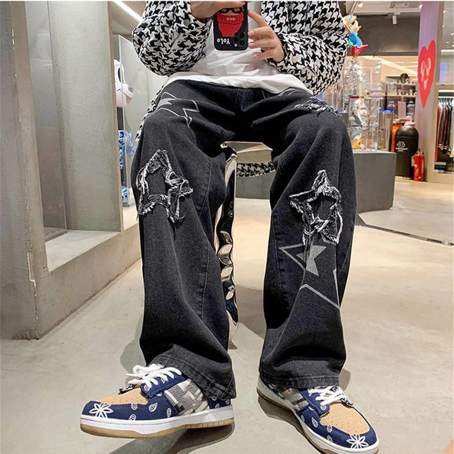 Men's Fashion Brand High Street Sharpened Jeans Wide Leg Trousers Pants Relaxed Fit Jeans Men Stretch Jeans for