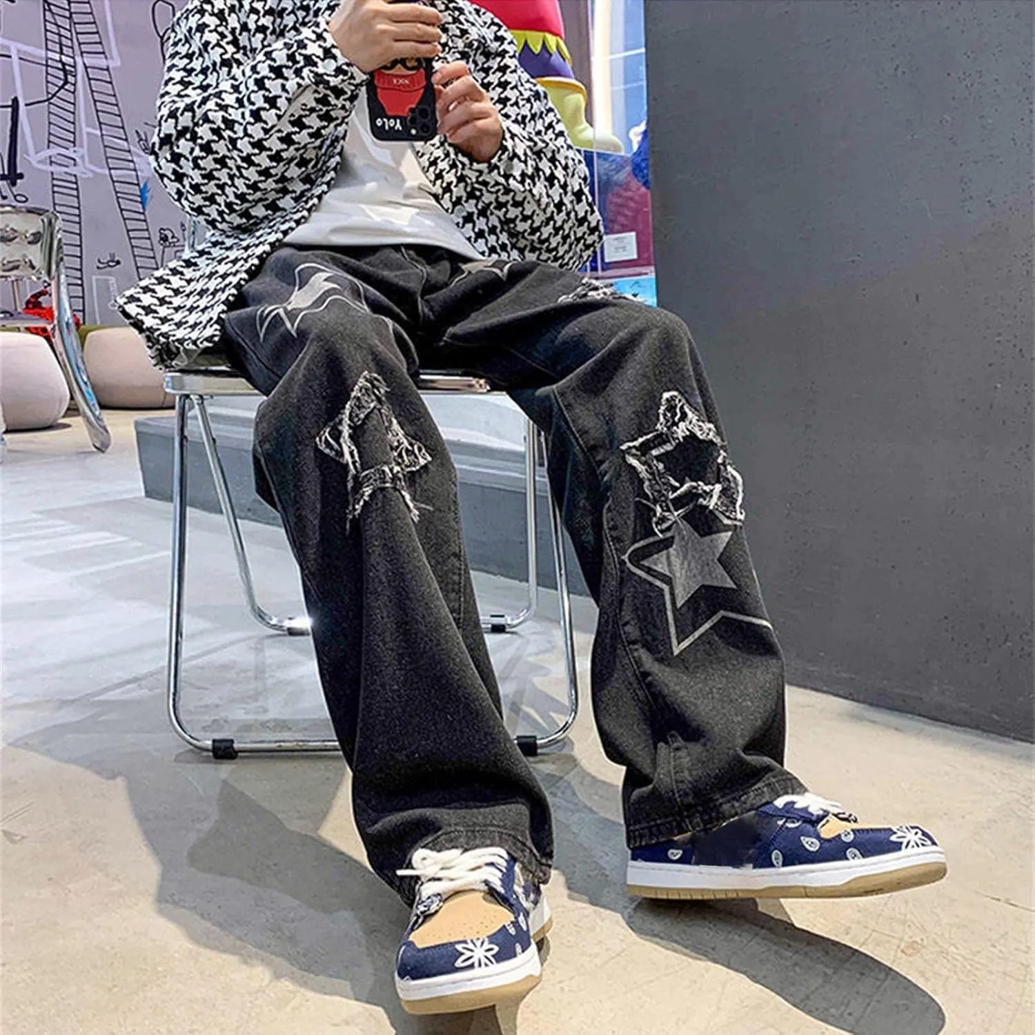 Men's Fashion Brand High Street Sharpened Jeans Wide Leg Trousers Pants Relaxed Fit Jeans Men Stretch Jeans for