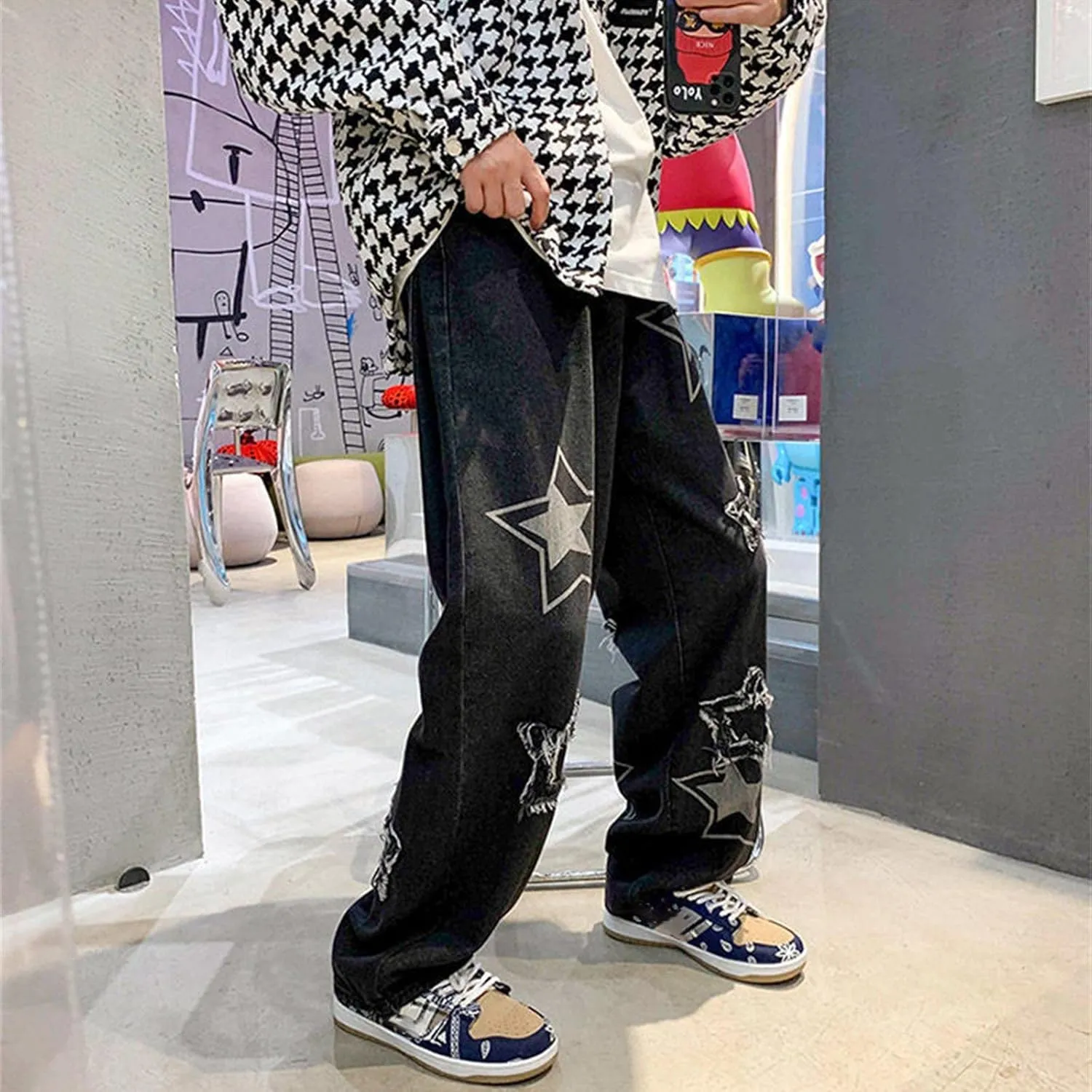 Men's Fashion Brand High Street Sharpened Jeans Wide Leg Trousers Pants Relaxed Fit Jeans Men Stretch Jeans for