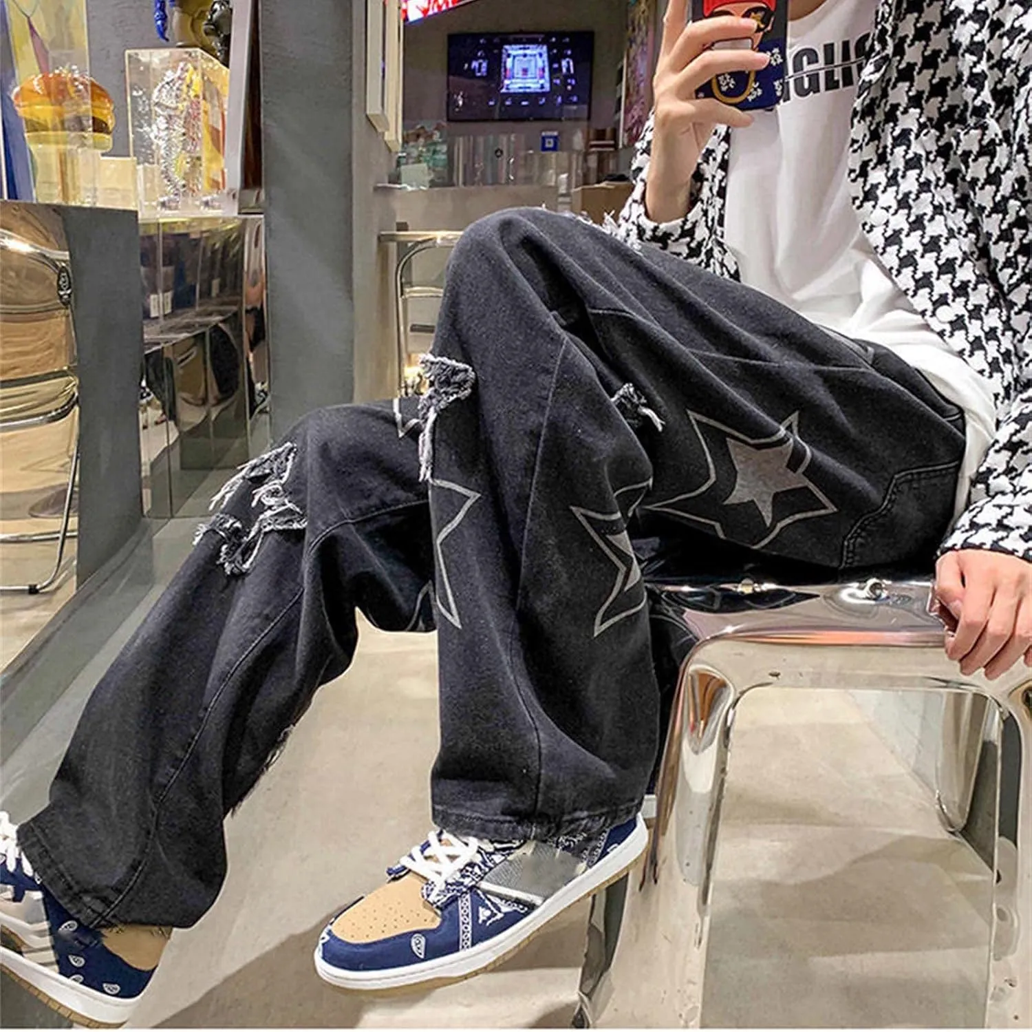 Men's Fashion Brand High Street Sharpened Jeans Wide Leg Trousers Pants Relaxed Fit Jeans Men Stretch Jeans for
