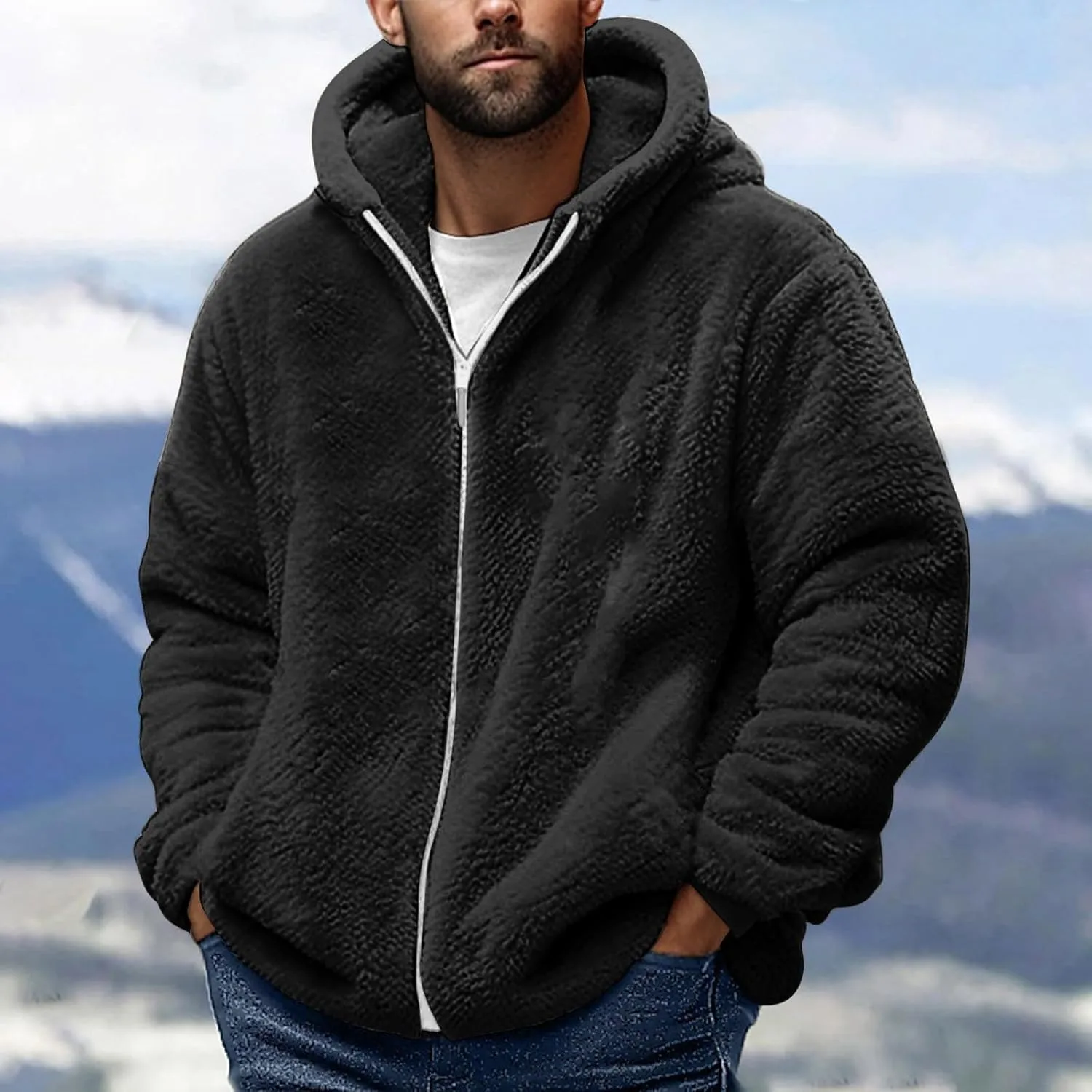 Men's Fuzzy Sherpa Jackets Fleece Hoodie Casual Warm Winter Jacket Full Zipper Long Sleeve Solid Fall Fashion Outwear