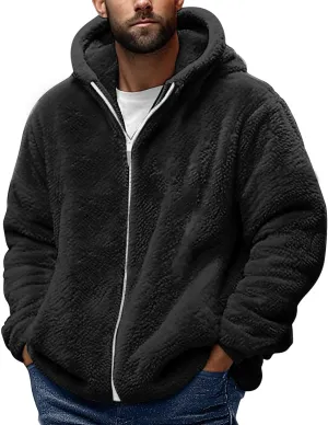 Men's Fuzzy Sherpa Jackets Fleece Hoodie Casual Warm Winter Jacket Full Zipper Long Sleeve Solid Fall Fashion Outwear