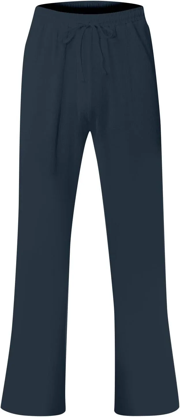 Mens Linen Pants Relaxed Fit Elastic Waist Pants Summer Boho Lightweight Linen Trousers with Pockets Yoga Pants
