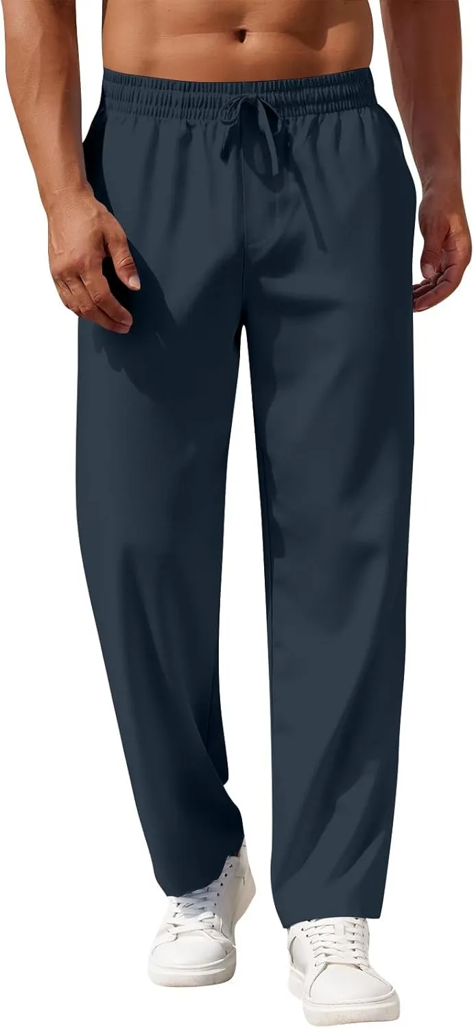 Mens Linen Pants Relaxed Fit Elastic Waist Pants Summer Boho Lightweight Linen Trousers with Pockets Yoga Pants