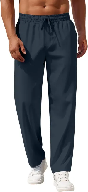 Mens Linen Pants Relaxed Fit Elastic Waist Pants Summer Boho Lightweight Linen Trousers with Pockets Yoga Pants