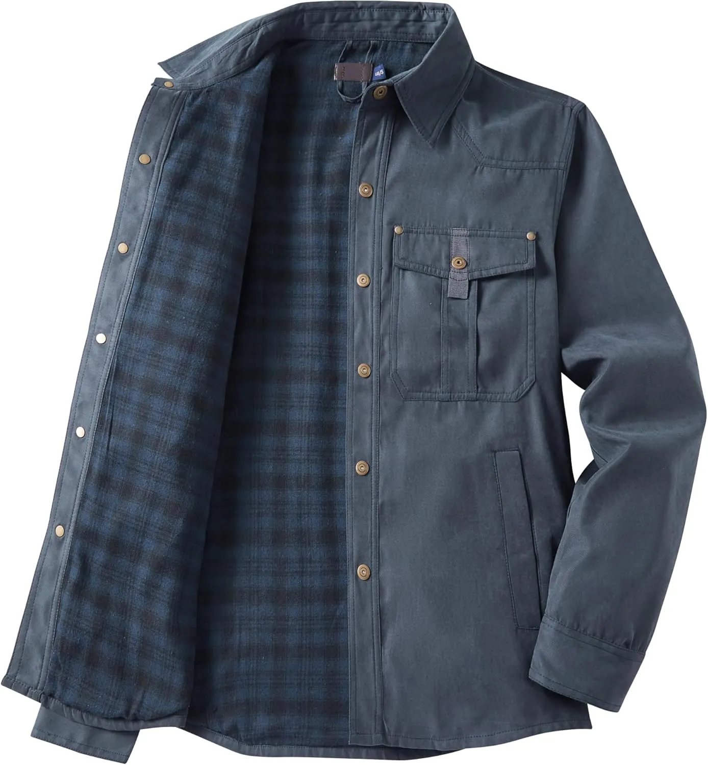 Men's Warm Sherpa Flannel Shirt Long Sleeve Heavy Washed Rugged Cotton Shirt Utility Jacket Plaid Button Up Coats