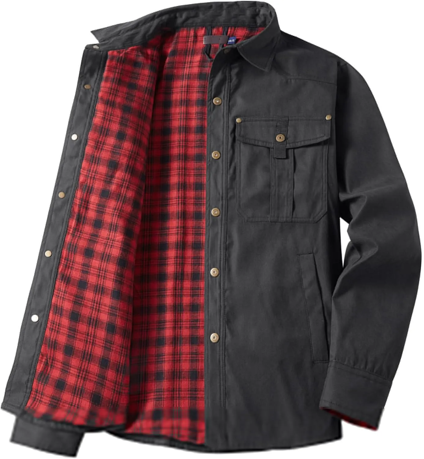 Men's Warm Sherpa Flannel Shirt Long Sleeve Heavy Washed Rugged Cotton Shirt Utility Jacket Plaid Button Up Coats