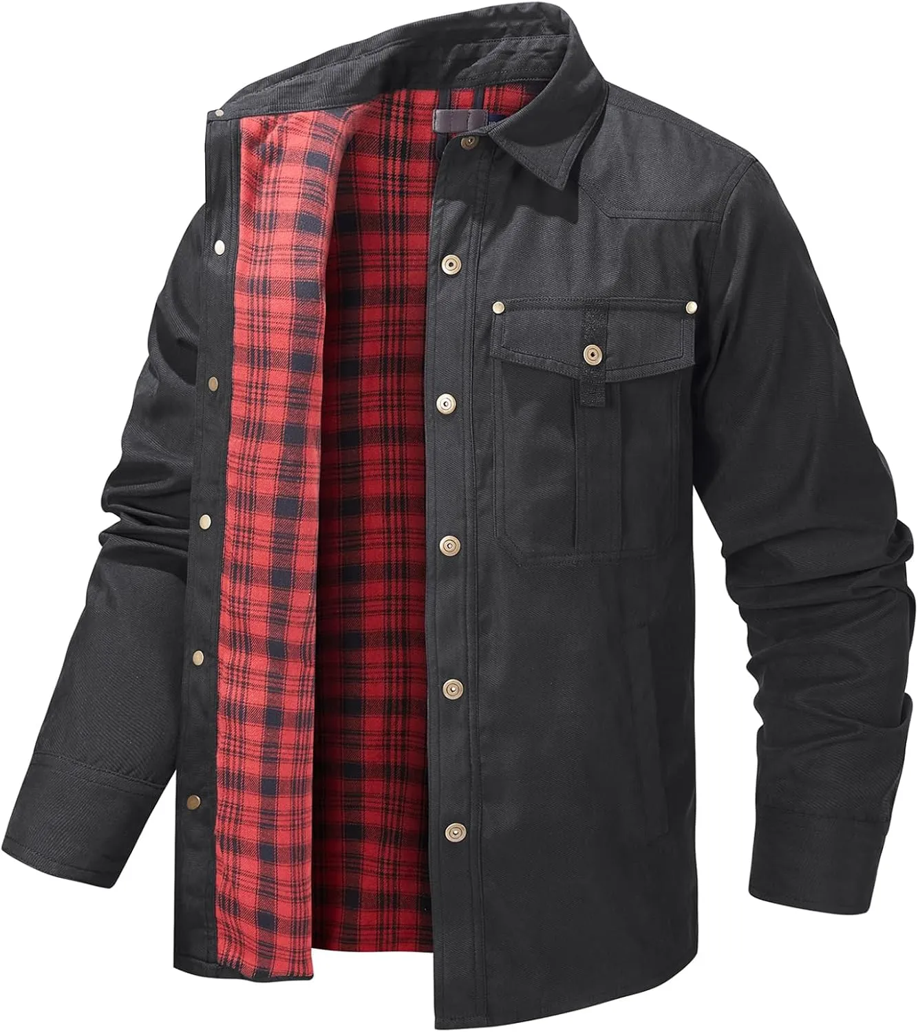 Men's Warm Sherpa Flannel Shirt Long Sleeve Heavy Washed Rugged Cotton Shirt Utility Jacket Plaid Button Up Coats