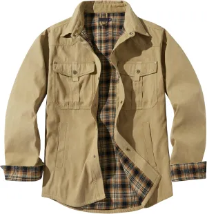 Men's Warm Sherpa Flannel Shirt Long Sleeve Heavy Washed Rugged Cotton Shirt Utility Jacket Plaid Button Up Coats