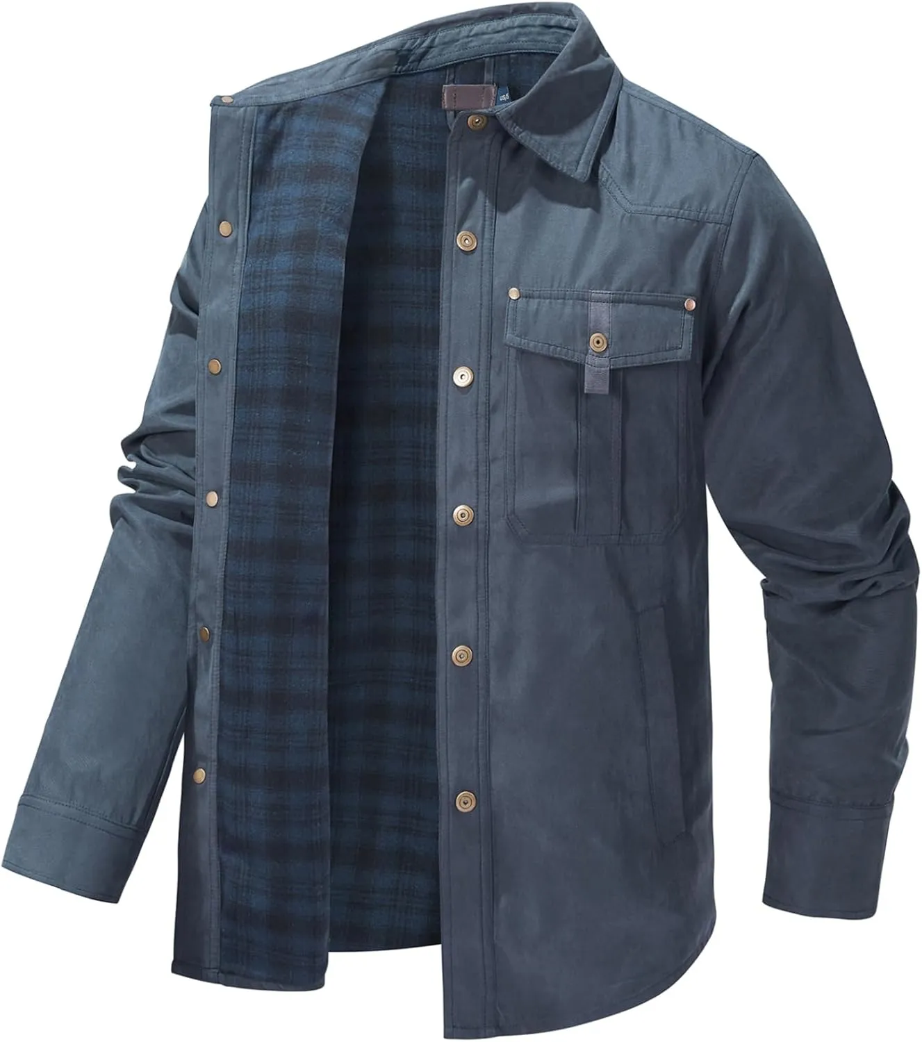 Men's Warm Sherpa Flannel Shirt Long Sleeve Heavy Washed Rugged Cotton Shirt Utility Jacket Plaid Button Up Coats
