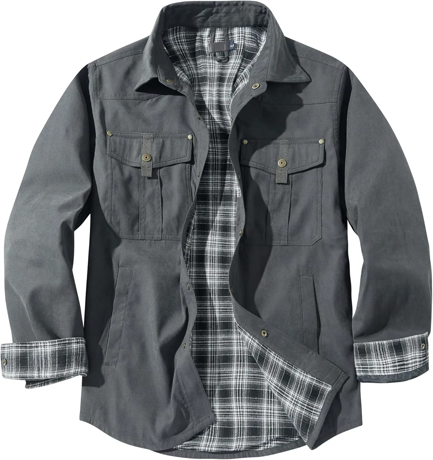 Men's Warm Sherpa Flannel Shirt Long Sleeve Heavy Washed Rugged Cotton Shirt Utility Jacket Plaid Button Up Coats