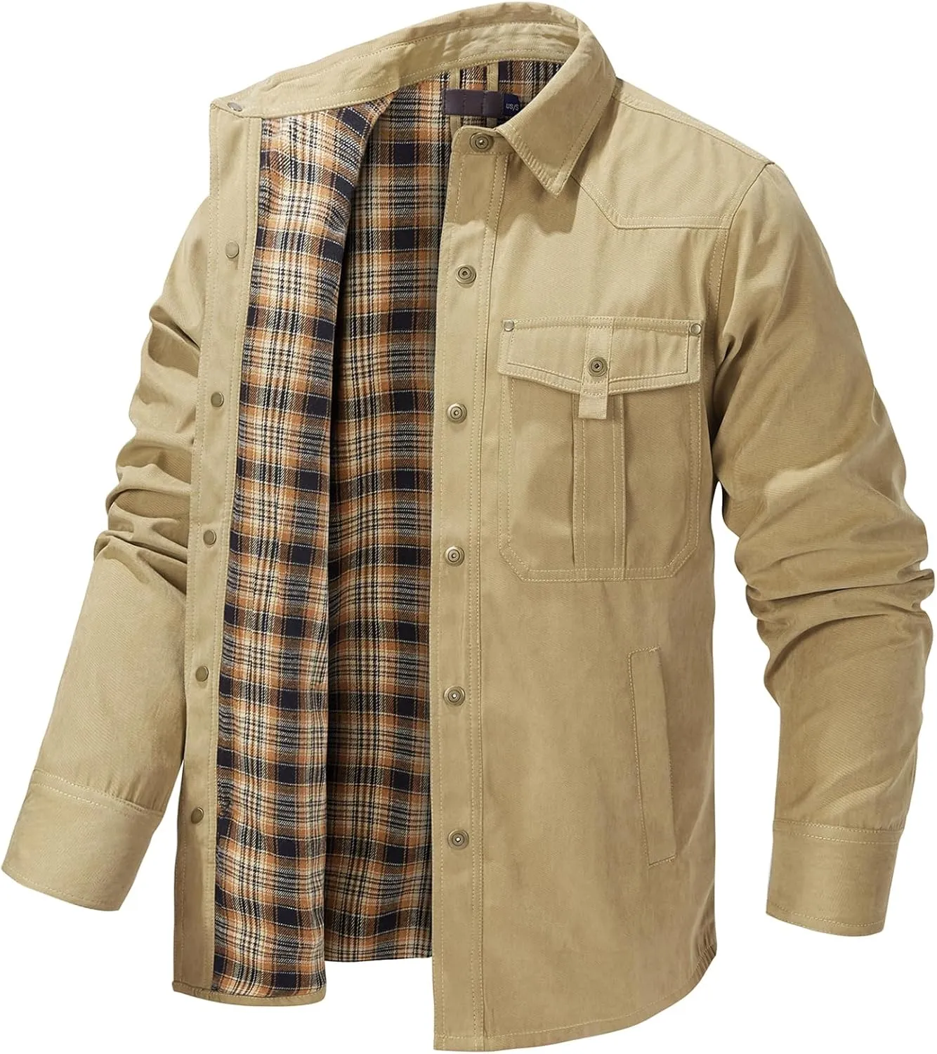Men's Warm Sherpa Flannel Shirt Long Sleeve Heavy Washed Rugged Cotton Shirt Utility Jacket Plaid Button Up Coats