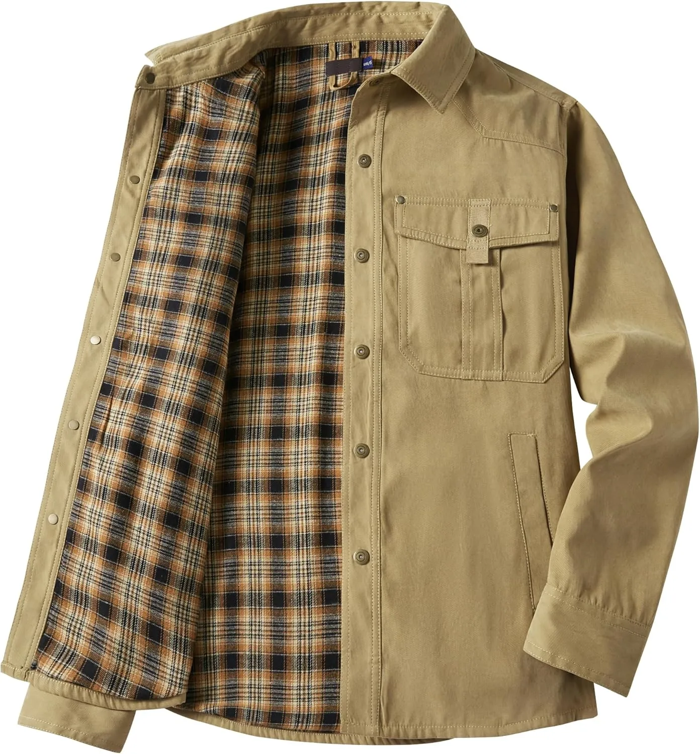Men's Warm Sherpa Flannel Shirt Long Sleeve Heavy Washed Rugged Cotton Shirt Utility Jacket Plaid Button Up Coats