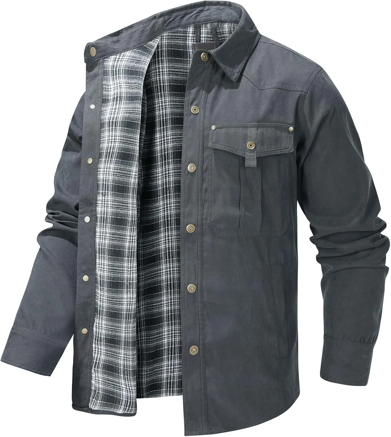 Men's Warm Sherpa Flannel Shirt Long Sleeve Heavy Washed Rugged Cotton Shirt Utility Jacket Plaid Button Up Coats
