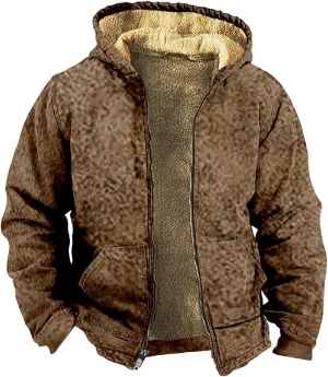 Mens Winter Coat With Hood Fleece Zip Up Coat Thermal Heavy Windbreaker Casual Vintage Oversized Jacket