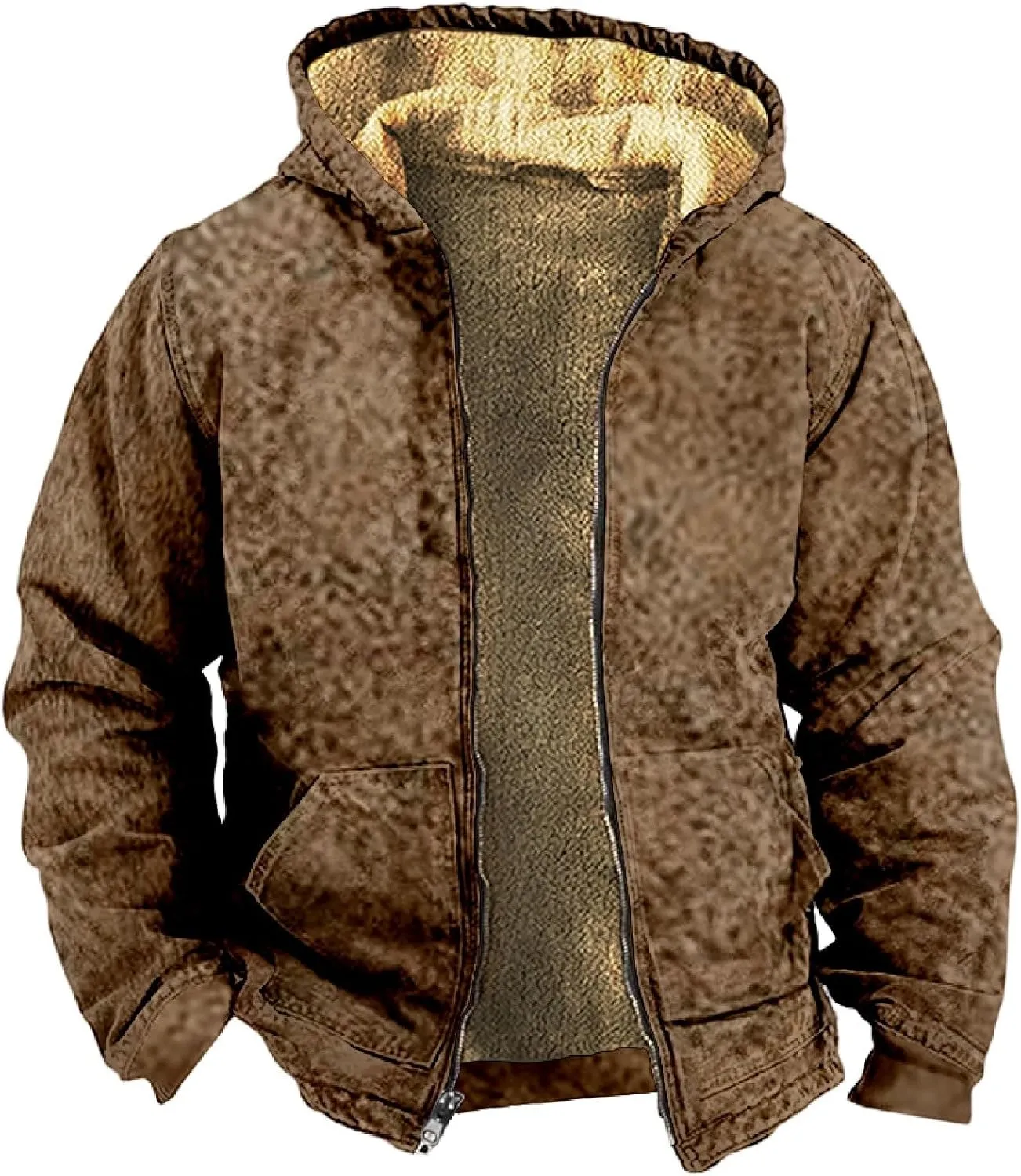 Mens Winter Coat With Hood Fleece Zip Up Coat Thermal Heavy Windbreaker Casual Vintage Oversized Jacket