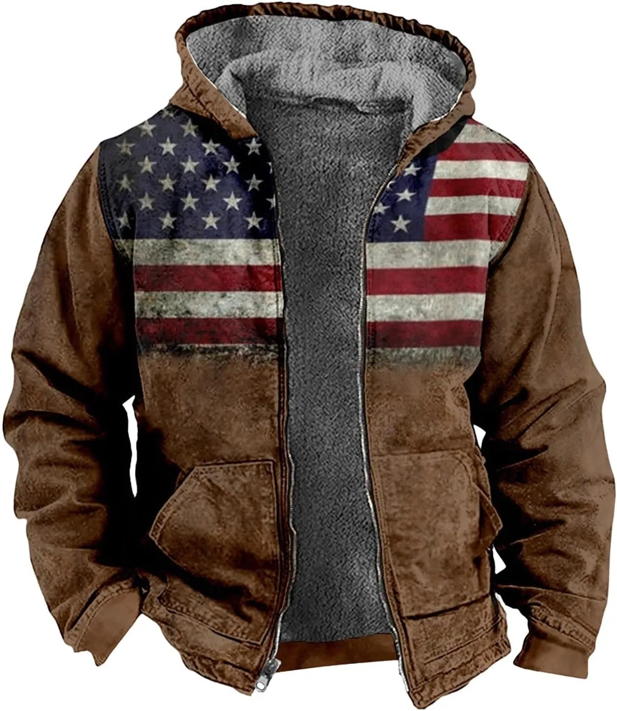 Mens Winter Coats With Hood Fleece Full Zip Coat Warm Heavy Windbreaker Casual Vintage Oversized Jacket
