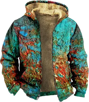 Mens Zipper Hoodies Winter Sherpa Lined Graphic Jacket Heavy Windbreaker Casual Coat Graphic Heated Thermal Outwear