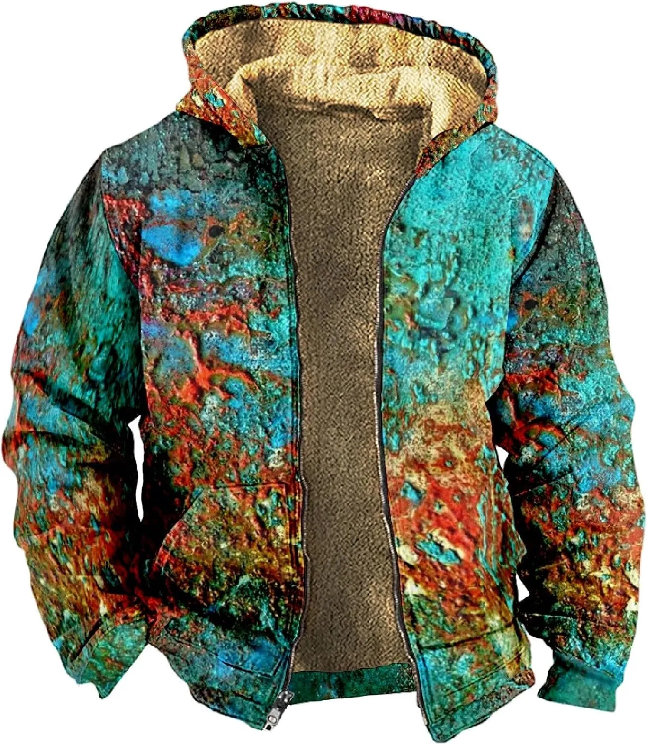 Mens Zipper Hoodies Winter Sherpa Lined Graphic Jacket Heavy Windbreaker Casual Coat Graphic Heated Thermal Outwear