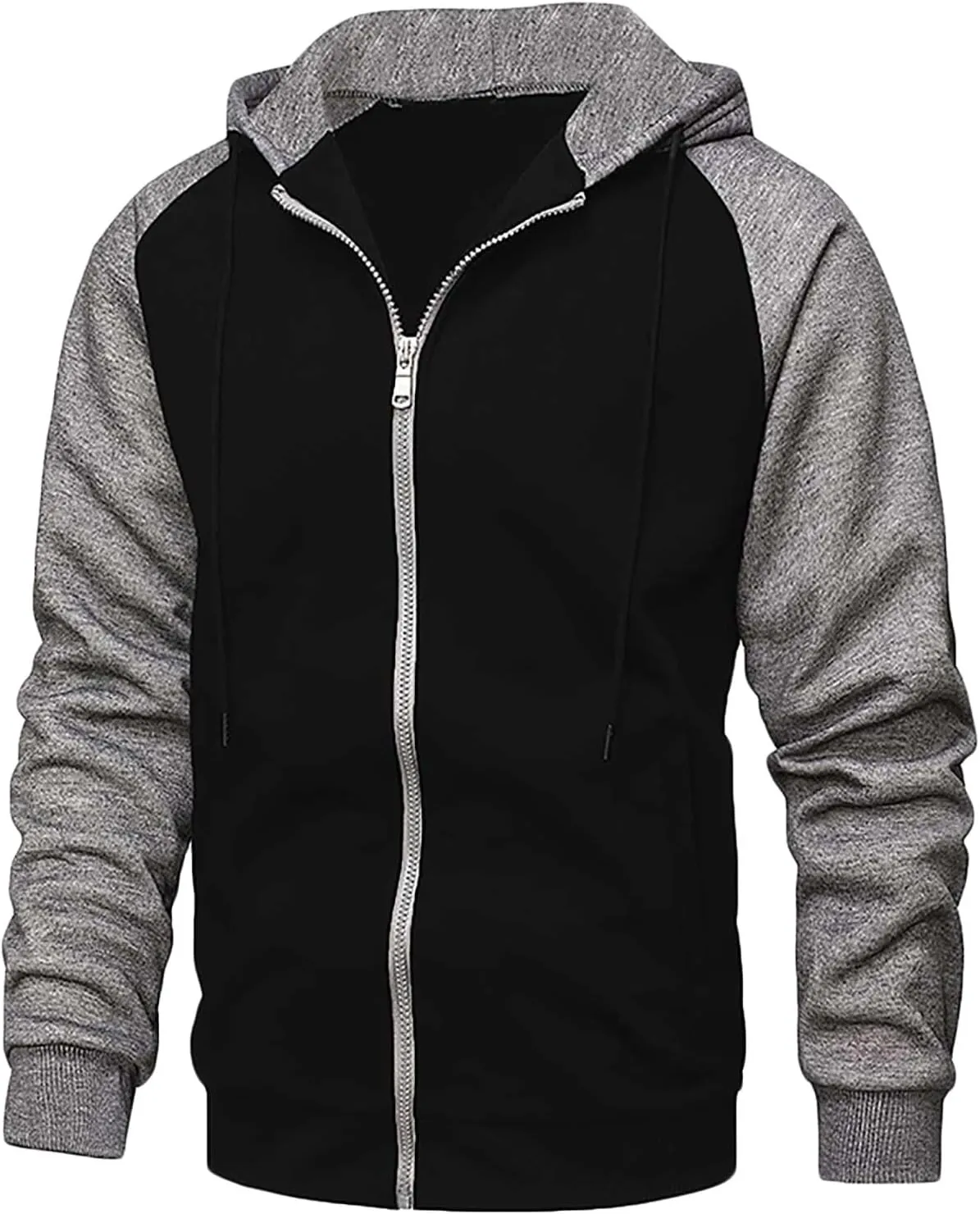 Men's Zippered Colorblock Hooded Sweatshirt Jacket Long Sleeve Drawstring Raglan Coat Casual Jacket with Pockets