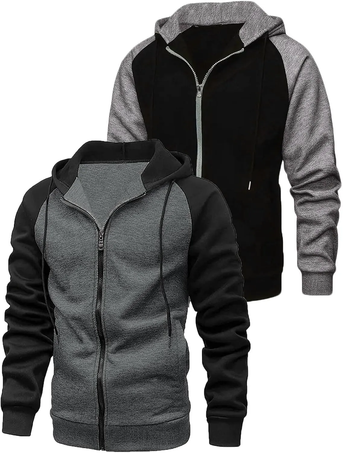 Men's Zippered Colorblock Hooded Sweatshirt Jacket Long Sleeve Drawstring Raglan Coat Casual Jacket with Pockets