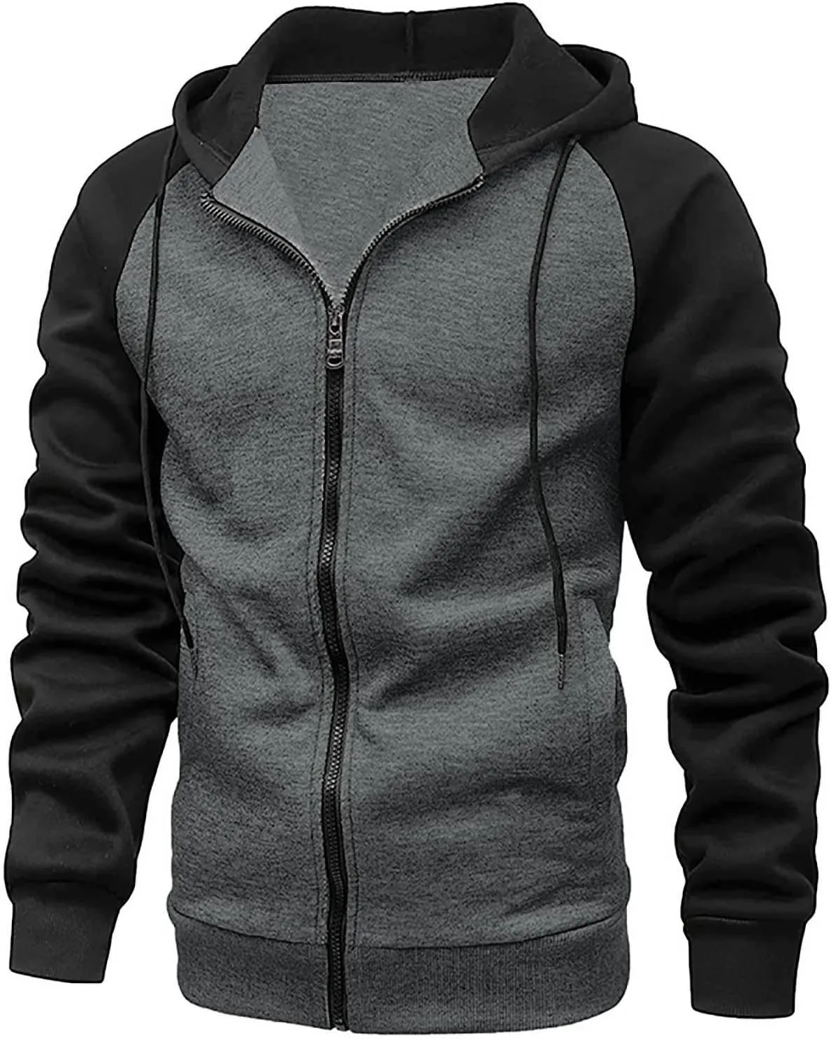 Men's Zippered Colorblock Hooded Sweatshirt Jacket Long Sleeve Drawstring Raglan Coat Casual Jacket with Pockets