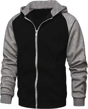 Men's Zippered Colorblock Hooded Sweatshirt Jacket Long Sleeve Drawstring Raglan Coat Casual Jacket with Pockets