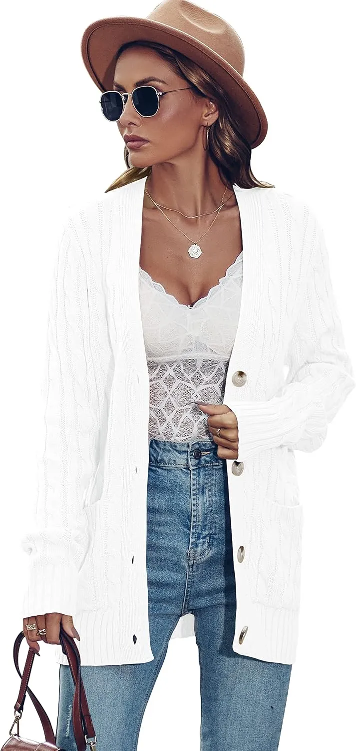 MEROKEETY Women's 2025 Long Sleeve Cable Knit Button Cardigan Sweater Open Front Outwear Coat with Pockets