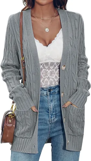 MEROKEETY Women's 2025 Long Sleeve Cable Knit Button Cardigan Sweater Open Front Outwear Coat with Pockets