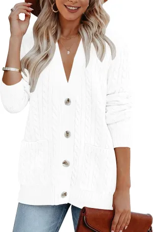 MEROKEETY Women's 2025 Long Sleeve Cable Knit Button Cardigan Sweater Open Front Outwear Coat with Pockets