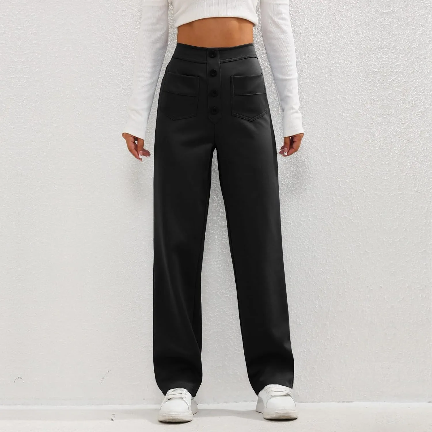 midelxp Casual Straight Leg Pants for Women High Waisted Button Stretchy Business Work Pants Trousers with Multiple Pockets