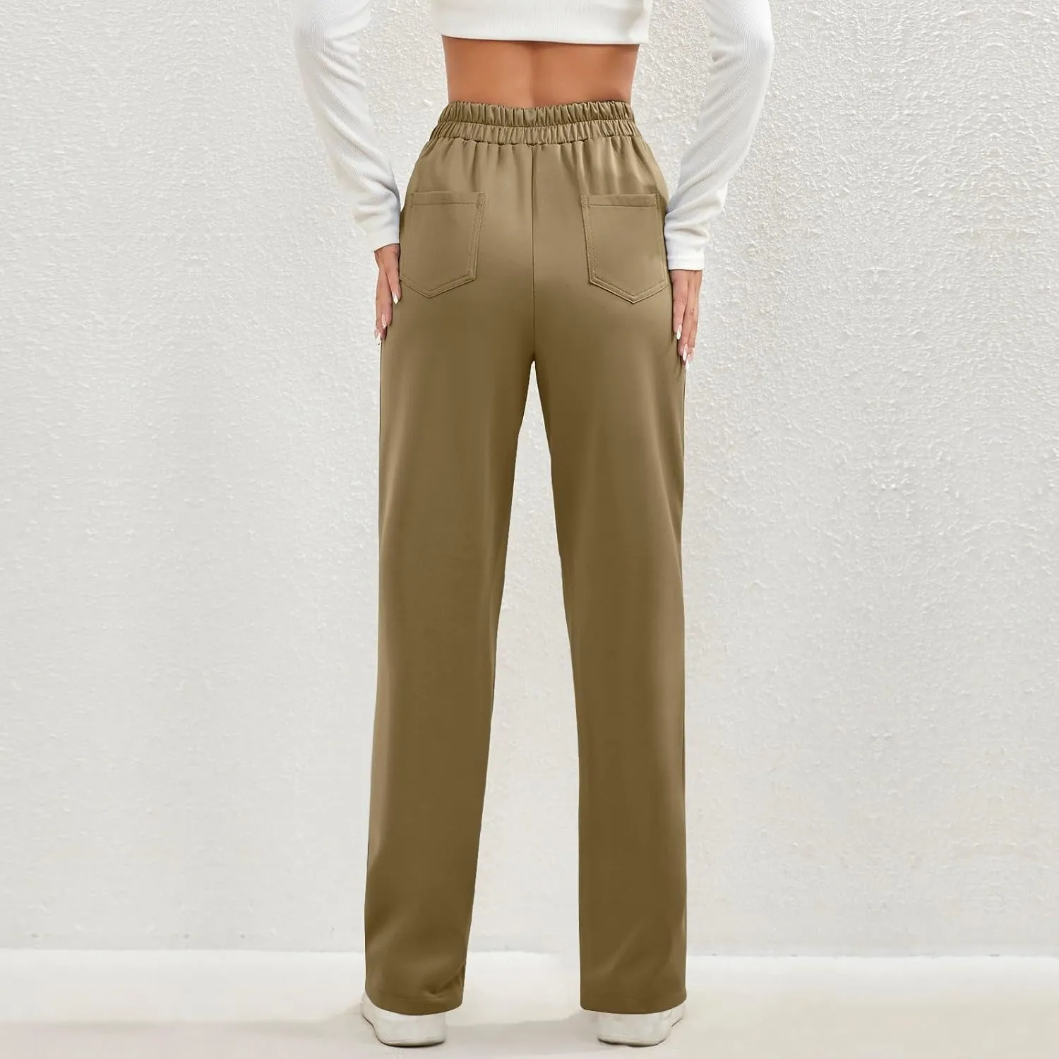 midelxp Casual Straight Leg Pants for Women High Waisted Button Stretchy Business Work Pants Trousers with Multiple Pockets