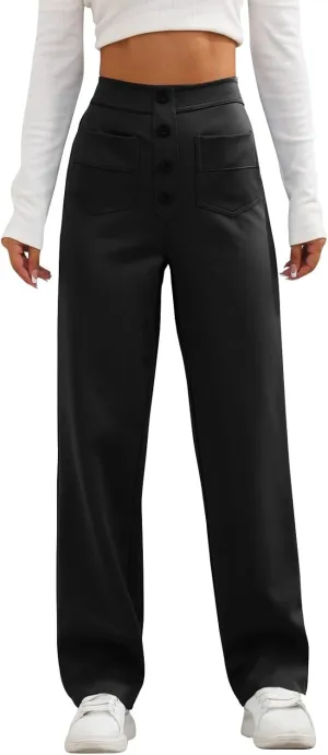 midelxp Casual Straight Leg Pants for Women High Waisted Button Stretchy Business Work Pants Trousers with Multiple Pockets