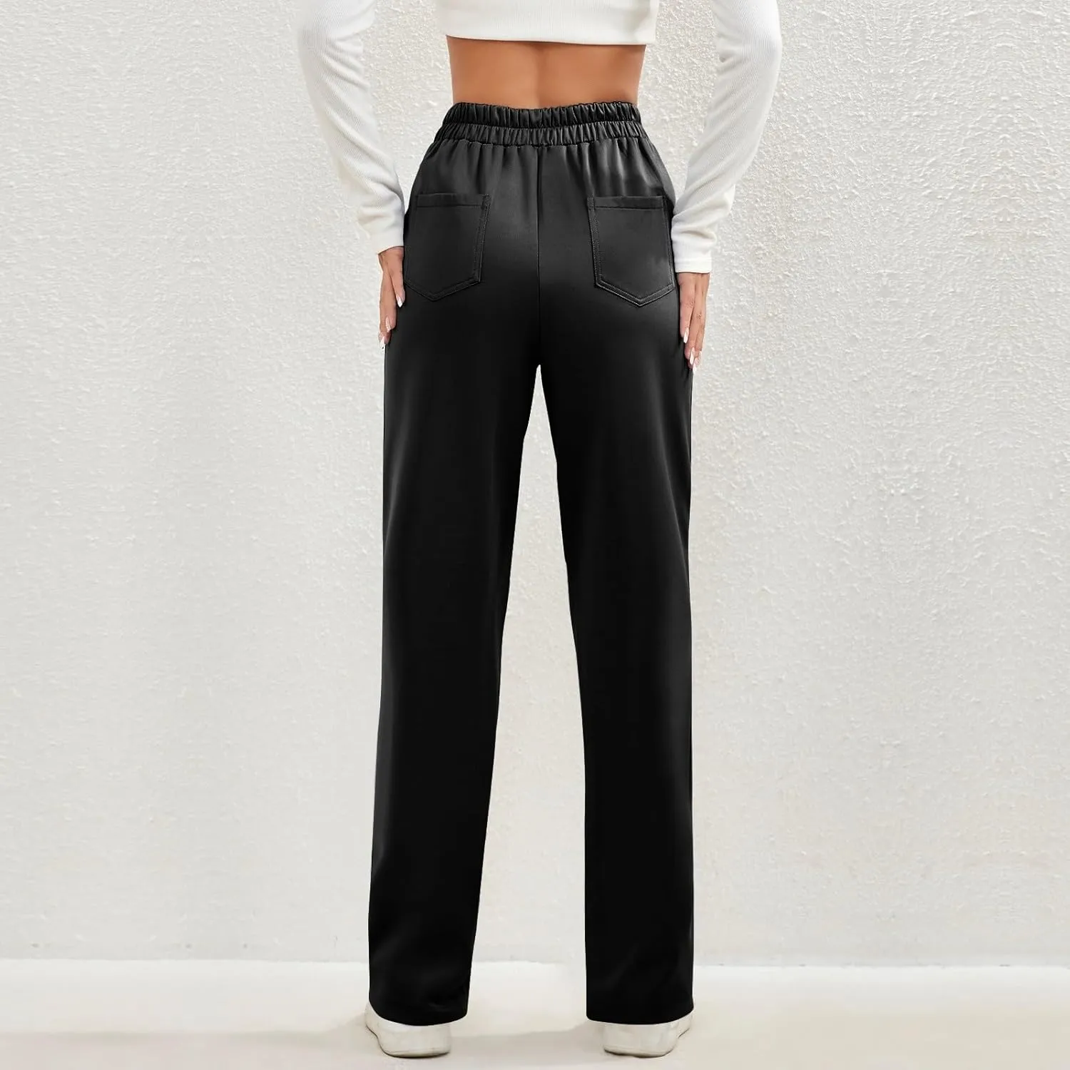 midelxp Casual Straight Leg Pants for Women High Waisted Button Stretchy Business Work Pants Trousers with Multiple Pockets