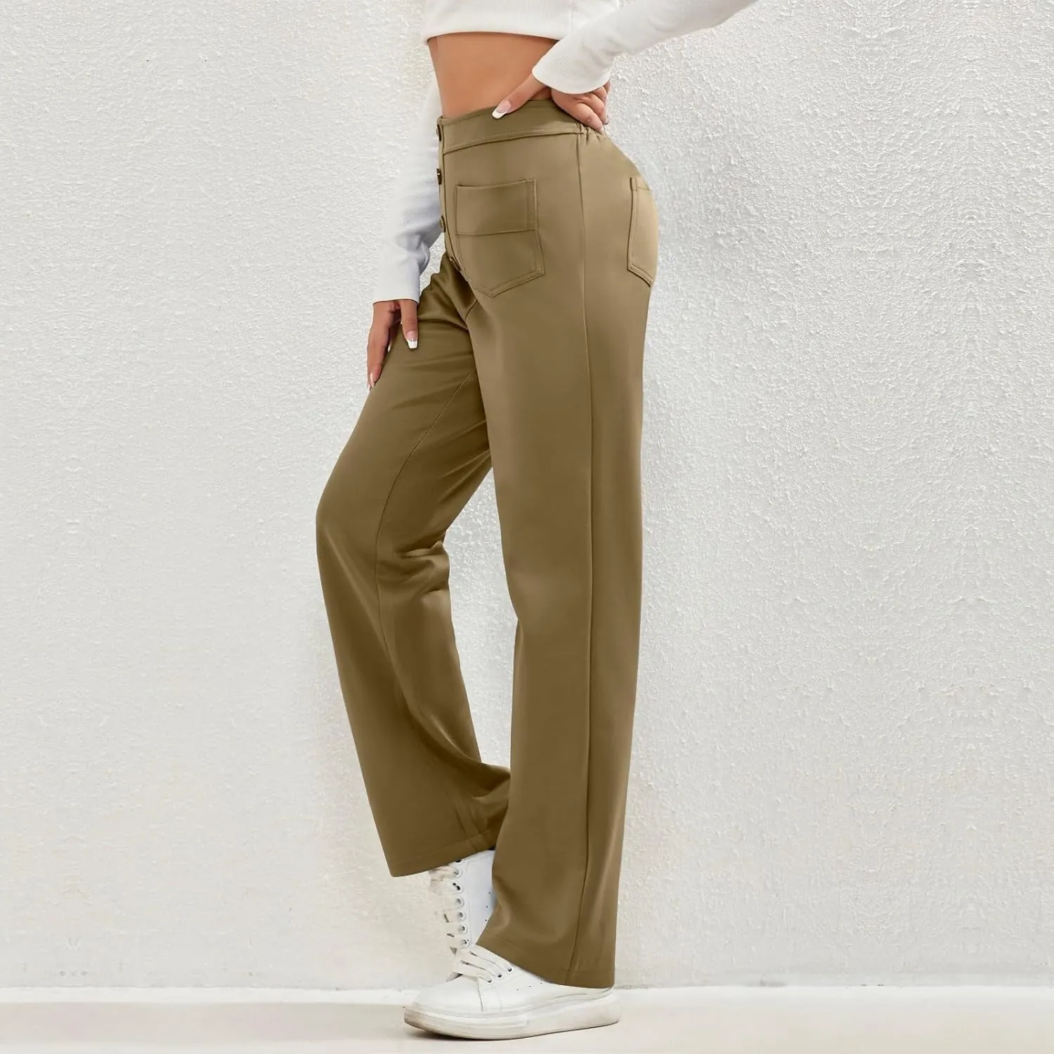 midelxp Casual Straight Leg Pants for Women High Waisted Button Stretchy Business Work Pants Trousers with Multiple Pockets