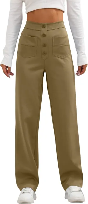 midelxp Casual Straight Leg Pants for Women High Waisted Button Stretchy Business Work Pants Trousers with Multiple Pockets