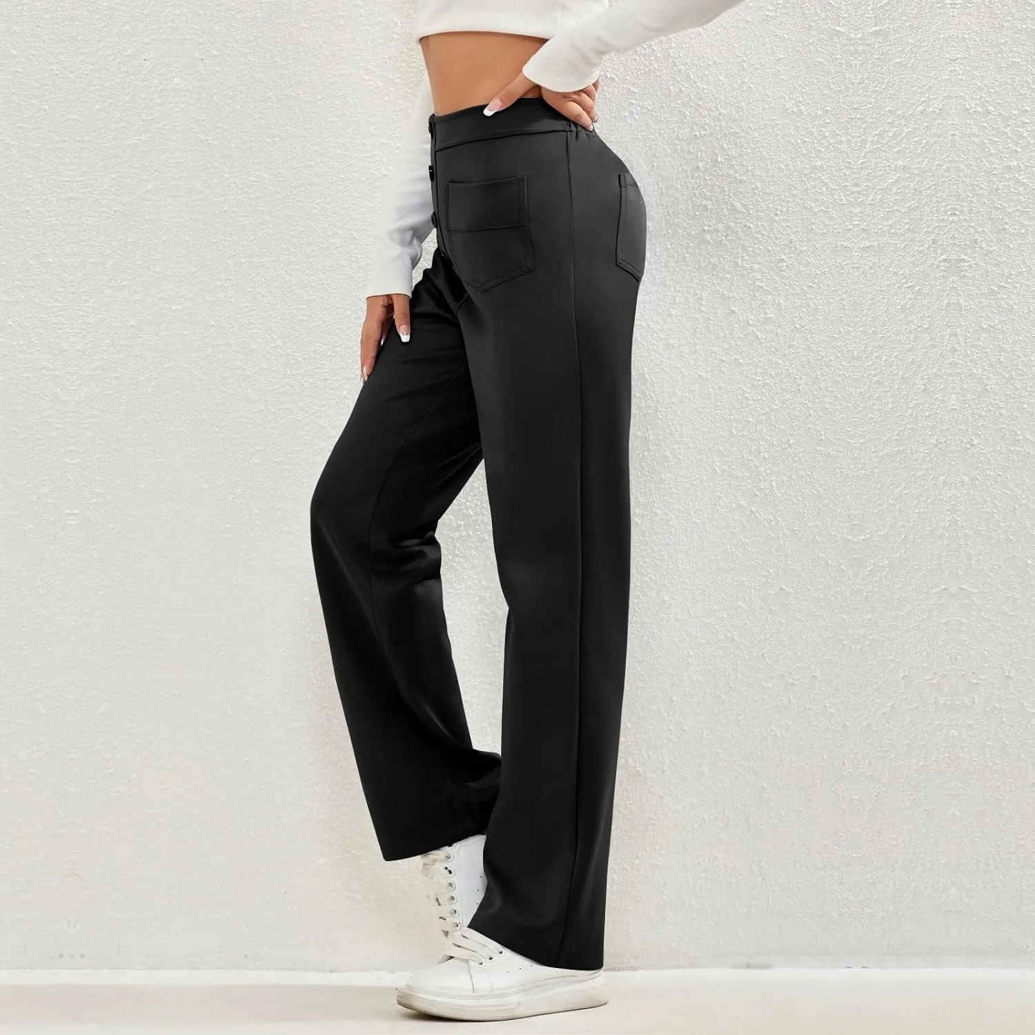 midelxp Casual Straight Leg Pants for Women High Waisted Button Stretchy Business Work Pants Trousers with Multiple Pockets