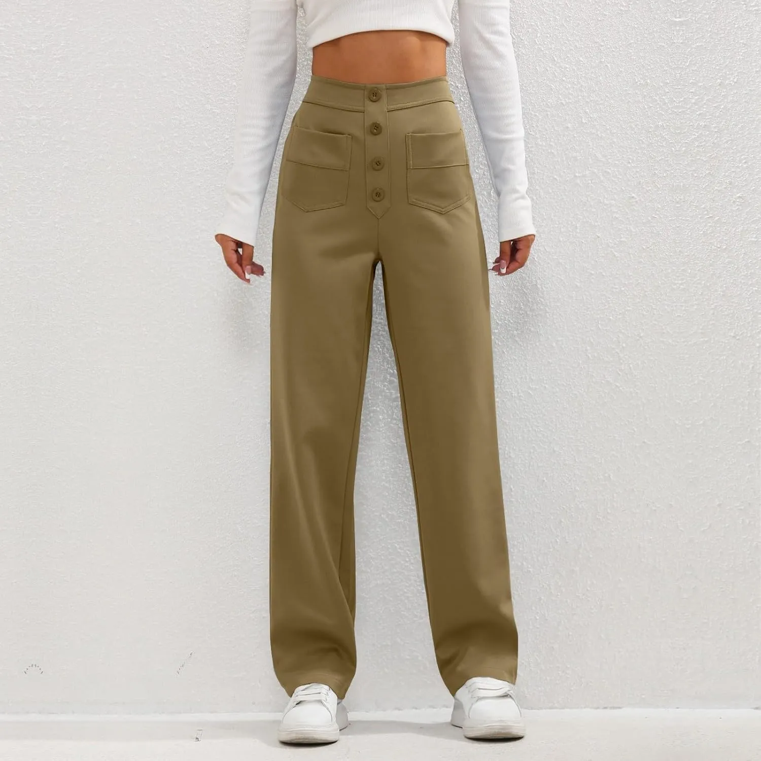 midelxp Casual Straight Leg Pants for Women High Waisted Button Stretchy Business Work Pants Trousers with Multiple Pockets