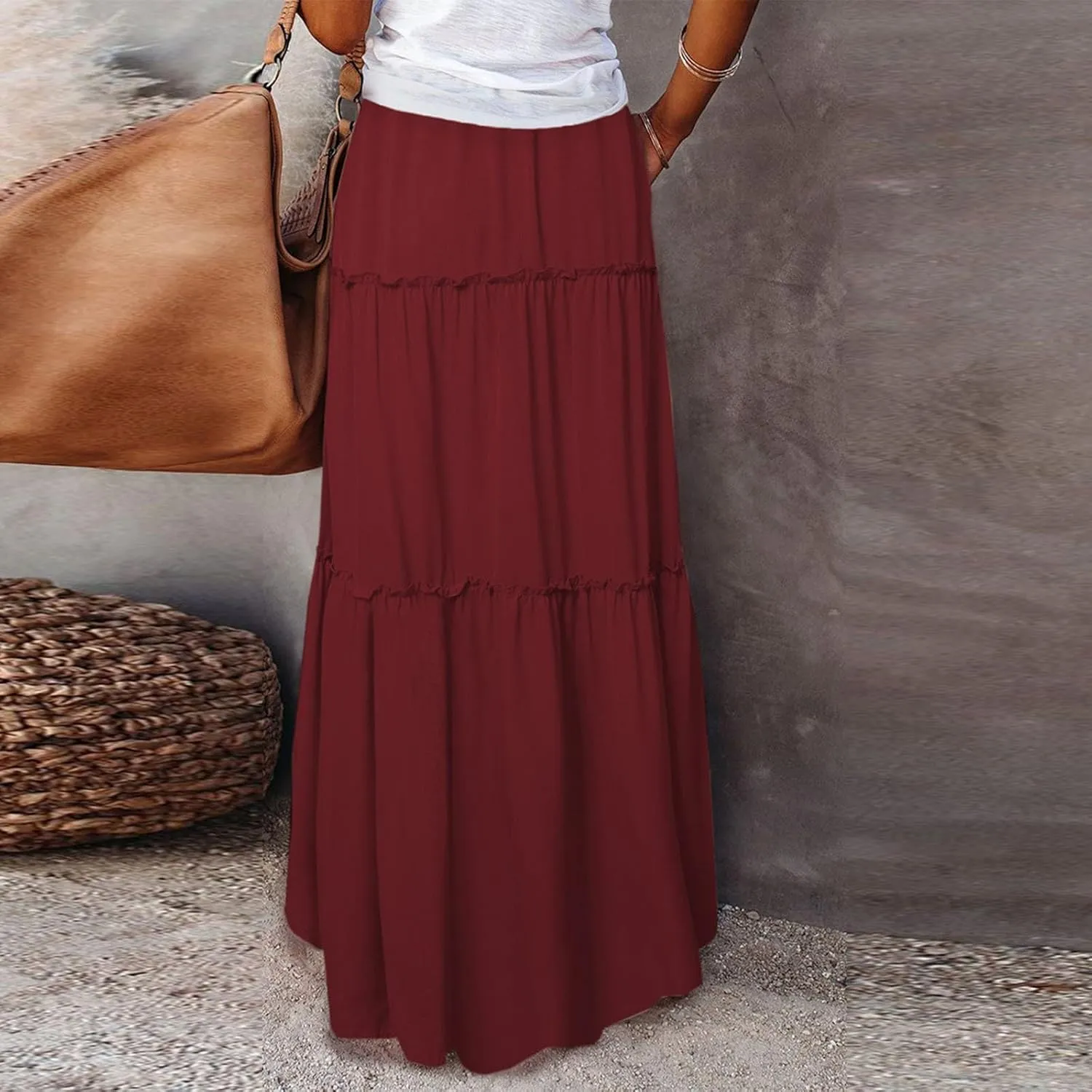 midelxp Pleated Long Skirts for Women Summer Casual Elastic High Waisted Skirts A-Line Flowy Swing Maxi Skirt with Pockets