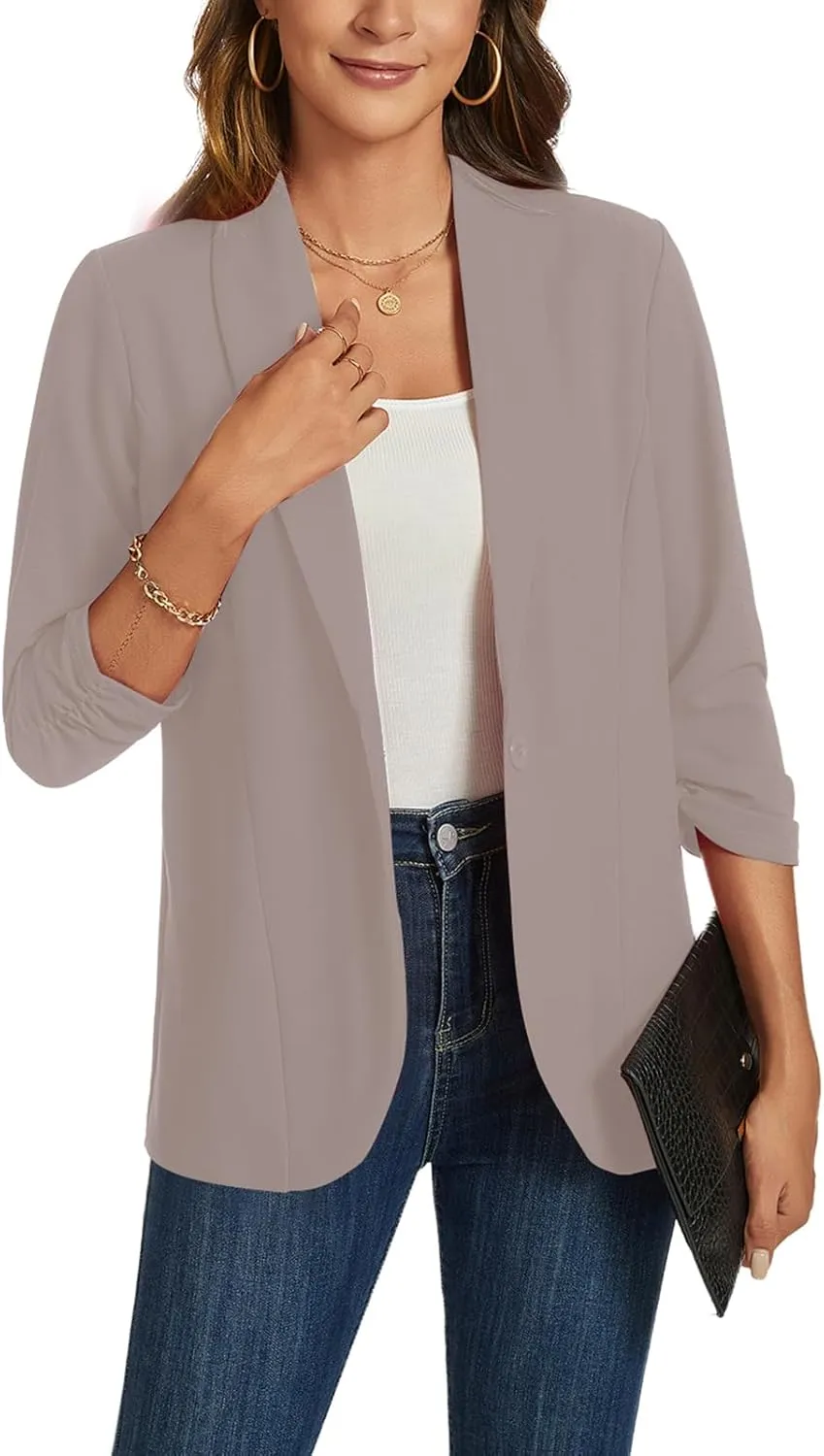 MINTLIMIT Blazers for Women 3/4 Ruched Sleeve Shawl Collar Open Front Business Jacket Blazer Work Office Blazers Jackets