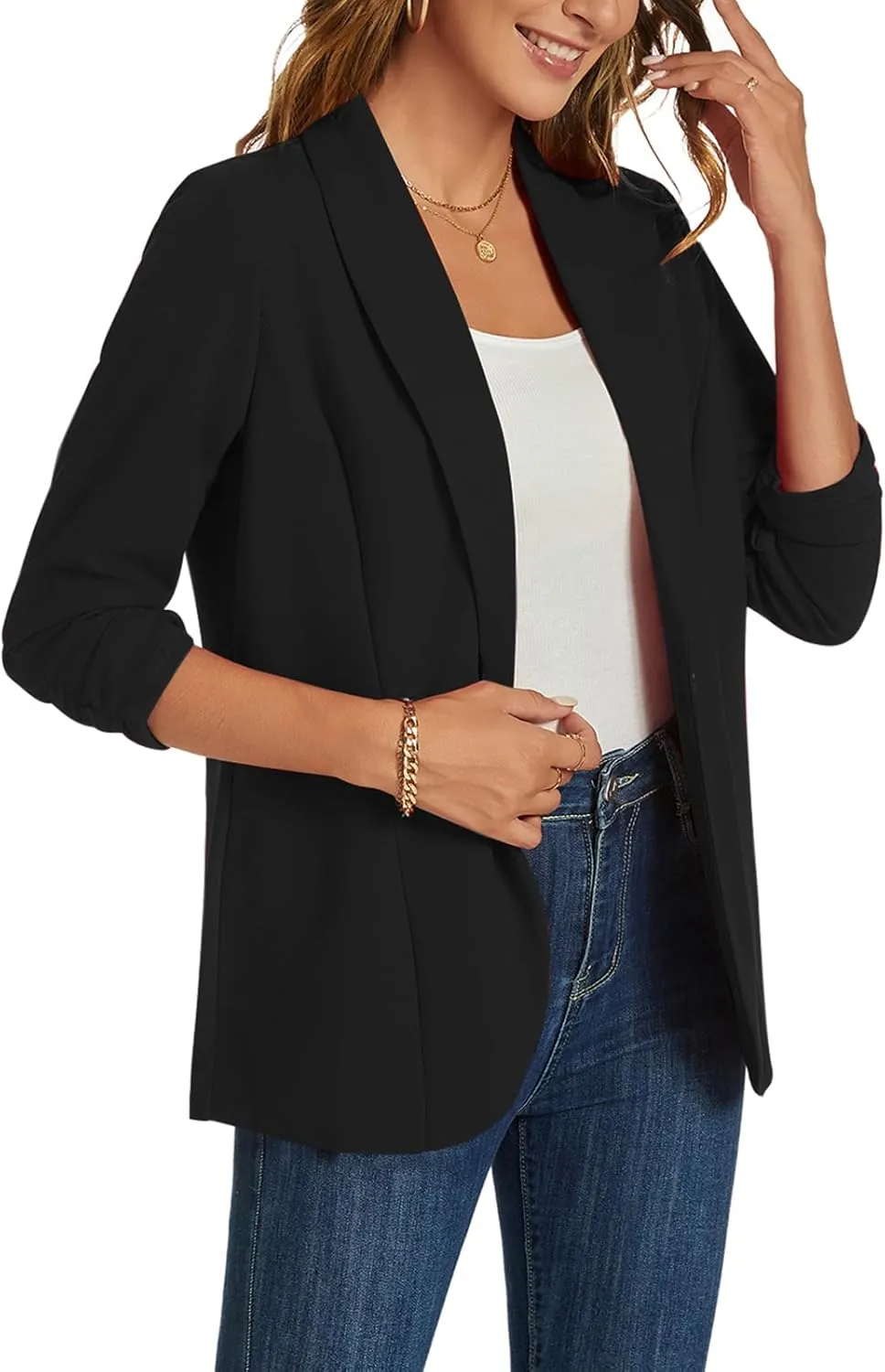 MINTLIMIT Blazers for Women 3/4 Ruched Sleeve Shawl Collar Open Front Business Jacket Blazer Work Office Blazers Jackets