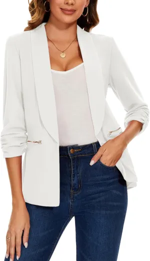 MINTLIMIT Womens Casual Blazer 3/4 Ruched Sleeve Open Front Cardigan Work Office Blazers Suit Jackets with Zipper Pockets