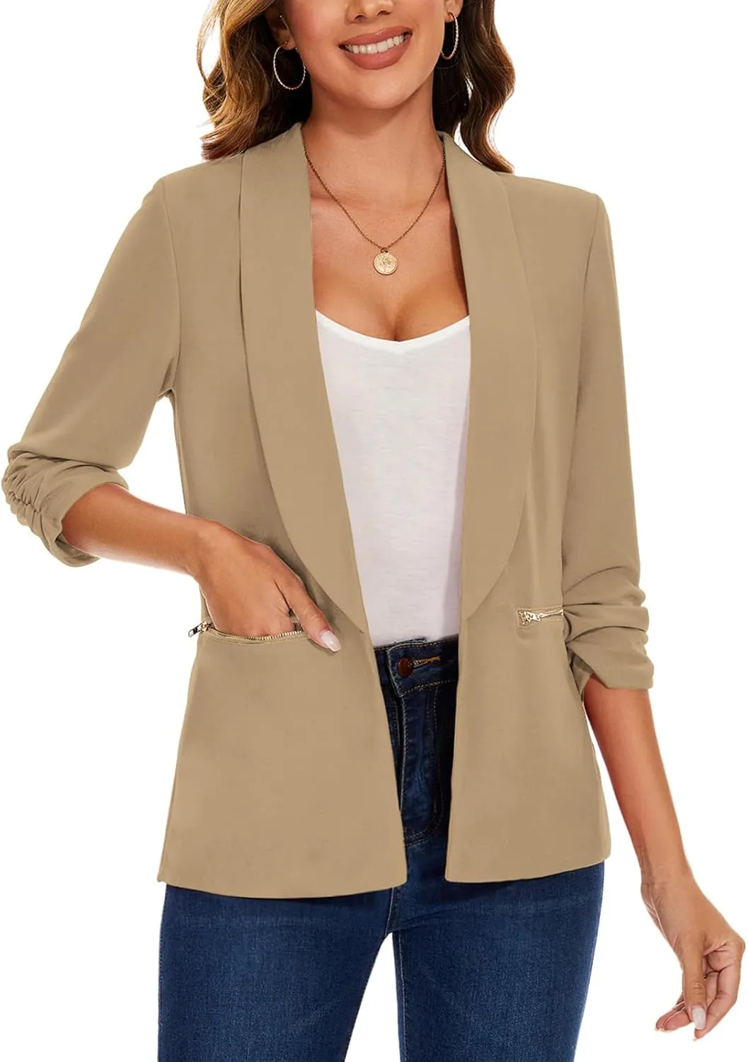 MINTLIMIT Womens Casual Blazer 3/4 Ruched Sleeve Open Front Cardigan Work Office Blazers Suit Jackets with Zipper Pockets
