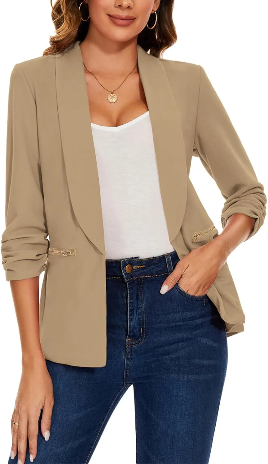 MINTLIMIT Womens Casual Blazer 3/4 Ruched Sleeve Open Front Cardigan Work Office Blazers Suit Jackets with Zipper Pockets
