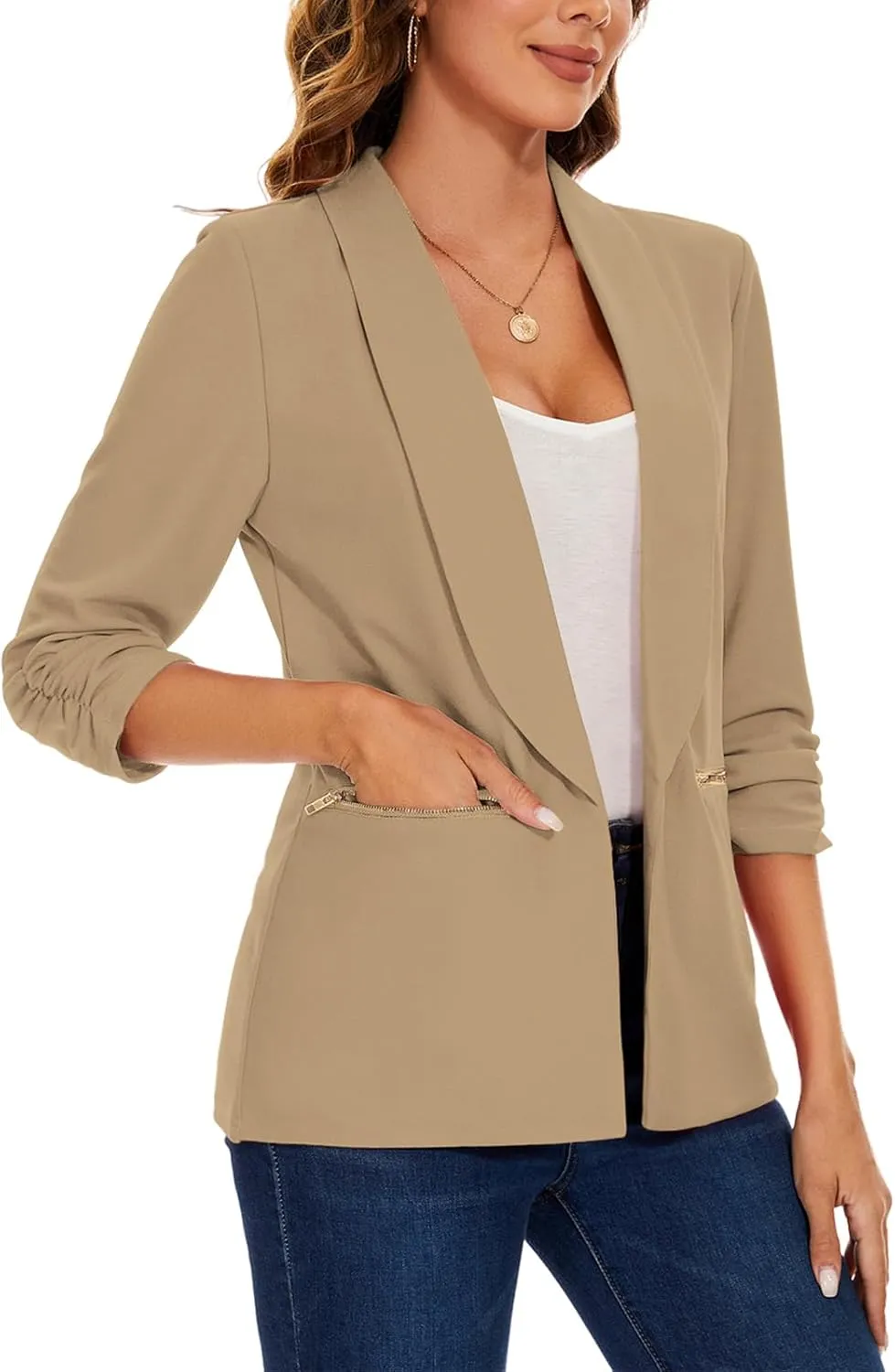 MINTLIMIT Womens Casual Blazer 3/4 Ruched Sleeve Open Front Cardigan Work Office Blazers Suit Jackets with Zipper Pockets