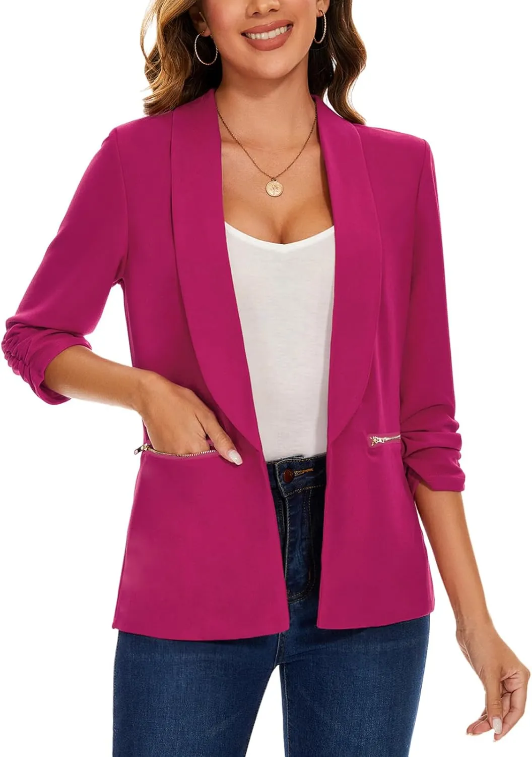 MINTLIMIT Womens Casual Blazer 3/4 Ruched Sleeve Open Front Cardigan Work Office Blazers Suit Jackets with Zipper Pockets