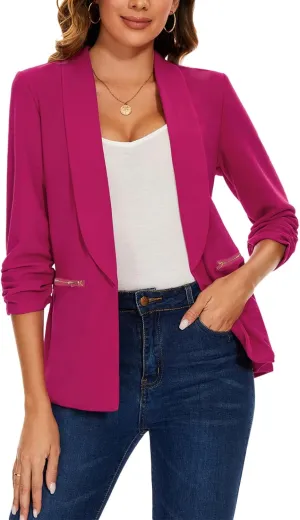 MINTLIMIT Womens Casual Blazer 3/4 Ruched Sleeve Open Front Cardigan Work Office Blazers Suit Jackets with Zipper Pockets