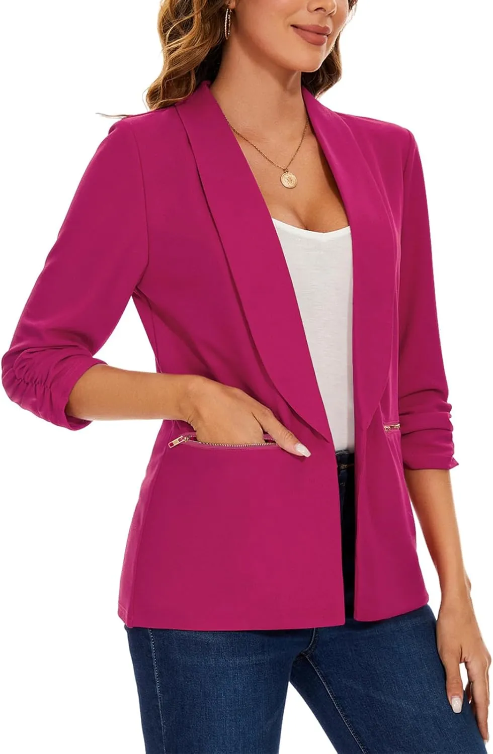 MINTLIMIT Womens Casual Blazer 3/4 Ruched Sleeve Open Front Cardigan Work Office Blazers Suit Jackets with Zipper Pockets